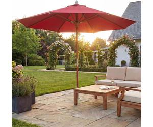 Gastronomie Parasol en bois HWC-C57, Parasol de jardin, polyester/bois 14kg, rond Ø3m corde antichoc ~ bordeaux