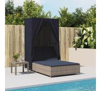 Gatherant Chaise longue double avec toit et rideaux gris en poly rotin, réglable, pliable, idéale pour jardin, terrasse, balcon, piscine, plage, camping, chaise longue relaxante avec rembourrage