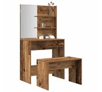 Gatherant Ensemble de coiffeuse aspect bois vieilli avec miroir, tabouret, espace de rangement et organisateur pour chambre à coucher et dressing, coiffeuse avec tiroirs, matériau en bois robuste