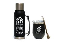 GAUCHO CEBAR Accessoires pour Yerba Mate-Tea Set | Bouteille isotherme en acier inoxydable 1 L noir et acier inoxydable 350 ml | Paille Bombilla Liza 19 cm, passe au lave-vaisselle et durable