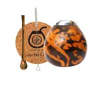Gaucho Cebar Set de calebos naturels MISTERIO pour thé yerba maté | Tasse citrouille et paille en acier inoxydable Bombilla Straw | Accessoires - Coussinet en liège et brosse, marron