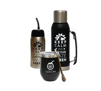 Gaucho Cebar Yerba Kit complet d'accessoires pour thé | Bouteille isotherme 1 l noir et Yerbomos 680 ml, tasse à thé en acier inoxydable Termolid Tasse 350 ml | Paille en acier Bombilla 19 cm