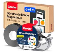 GAUDER Bande Magnétique avec Distributeur - Ruban Magnétique Autocollant pour Objets Légers - Ruban Aimanté à Découper pour Cartes Postales & Photos sur Surfaces Métalliques (6 m x 19 mm + Recharge)