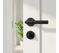 Gavroche Poignée de porte noire en acier inoxydable pour portes de salle de bain | Ensemble de poignées avec condamnation WC pour salle de bain et toilettes avec rosaces rondes | Garniture de porte