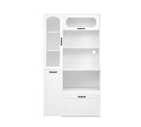 GAWYOEX Armoire de cuisine avec plan de travail 98 x 40 x 177 cm, armoire haute de cuisine avec tiroirs, buffet de cuisine blanc, étagères extensibles et verre strié, armoire de cuisine pour salle à