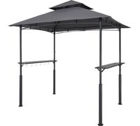 Gazebo pour barbecue, 2,43 x 1,5 m Gazebo renforcé pour barbecue extérieur avec toit à deux niveaux, abri pour barbecue en acier thermolaqué avec 2 étagères latérales et 8 crochets, auvent pour barbec