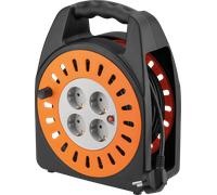 Goobay 71355 Enrouleur de câble 25 m, 25 m, orange-noir - avec 4 prises de courant à contact de protection et protection contre les surcharges