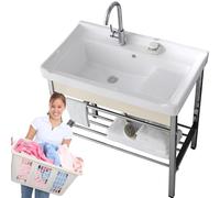 GBHJJ Évier À Linge avec Planche À Laver, Évier À Lessive en Céramique, Bac À Linge/lavabo Autoportant, la Piscine, Le Balcon, la Salle de Lavage, Facile à Nettoyer,81x48x85cm