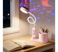 GBKDQQ Lampe de bureau pour enfant - Lampe de lecture LED avec porte-stylo - Lampe de chevet à intensité variable - Rechargeable - Lampe d'étude avec projection - Lampe pour enfant (rose)