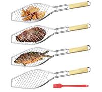 GBKDQQ Lot de 4 supports de barbecue en acier inoxydable avec manche en bois et brosse à huile - 60 x 15 cm - Pince à poisson pour barbecue et barbecue