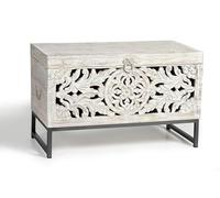 GC GINER & COLOMER Coffre en Bois de Manguier Sculpté à la Main avec Base en Métal - Coffre de Rangement Blanc Vieilli - 50 x 80 x 40 cm