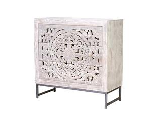 GC GINER & COLOMER Commode de Chambre - Meuble pour Vêtements en Bois de Manguier - Chiffonnier avec 3 Tiroirs - Base en Fer - Blanc Vieilli - 81 x 80 x 35 cm