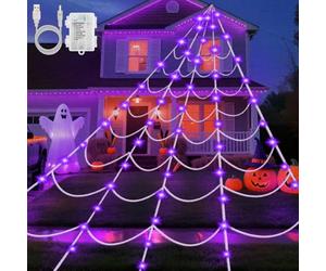Gcstnn Guirlande lumineuse décorative d'Halloween - 6 x 5 m - 150 LED violettes - Grande toile d'araignée - USB/batterie avec minuteur - 8 modes - Étanche - Pour terrasse, jardin, maison hantée