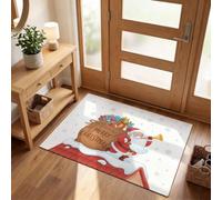 GDJSMIN Noël en Dessin Animé Paillasson Blanc, Père Noël Sac-Cadeau Tapis De Bienvenue pour Porte D'Entrée,Tapis De Antidérapant pour Intérieur Ou Extérieur,90 X 150 Cm