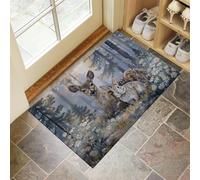 GDJSMIN Tapis de Porte Lavable Paysage Animalier La Forêt,Impressions Marguerites Cerfs Et Lapins Tapis de Porte Avant Intérieur pour la Cuisine, Le Jardin, l'entrée du Hall 50 x 80 cm,Vert foncé