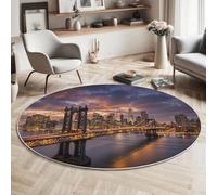 GDJSMIN Tapis De Salon Paysage Urbain Coucher Soleil sur Le Pont Manhattan Lavé, Antidérapant Et Doux, Rond Tapis pour Salon,Entree Interieur, Chambre, Couloir,Bleu-Orange, 140Cm