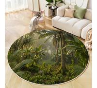 GDJSMIN Tapis De Salon Rond À Poils Courts 100Cm Tapis De Sol Décoratif Doux Et Confortable Cocotiers Et Palmiers Antidérapant pour Salon Chambre, Vert Mousse