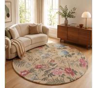GDJSMIN Tapis De Salon Rond À Poils Courts 120Cm Tapis De Sol Décoration Plantes Jardin Vintagedoux Descente De Lit Hortensia Pivoine Feuilles Fougère Antidérapant pour Chambre Terrasse, Kaki Clair