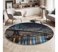 GDJSMIN Tapis De Salon Style Urbain Moderne Pont Manhattan Vue Nocturne Lavé, Antidérapant Et Doux, Rond Tapis pour Salon,Entree Interieur, Chambre, Couloir,Bleu, 200Cm
