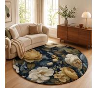 GDJSMIN Tapis Pivoine Jaune Feuilles Vertes pour Chambre À Coucher, Jardin Peint À l'huile Rétrotapis Rond Antidérapant Poils Ras Et Doux pour Chambre À Coucher Salon Maison (80Cm, Jaune-Vert)