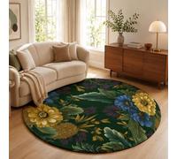 GDJSMIN Tapis Rond 180Cm Lavable Machine,Vert Foncé Moquette Antidérapante Poil Bas Esthétique des Plantes Florales,Ananas Doré Feuilles Vertes Doux pour Salon, Chambre, Cuisine, Nursery, Bureau