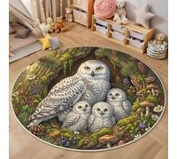 GDJSMIN Tapis Rond 60Cm Lavable Machine,Vert Mousse Moquette Antidérapante Poil Bas Forêt Trou d'arbre Animaux,Chouette Harfang Neiges Son Petit Fleurs Plantes Doux pour Salon,Chambre,Nursery, Bureau
