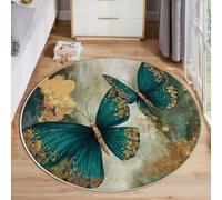 GDJSMIN Tapis Rond Feuille d'or Luxedoux Et Antidérapant - Lavable en Machine - Papillon Bleu-Vert - pour Salon, Chambre À Coucher, Salle De Bain - Vert - 100Cm