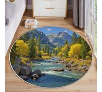 GDJSMIN Tapis Rond Forêt Réaliste- Lavable en Machine - Scènes Ruisseaux Forêts Conifères - pour Salon, Chambre À Coucher, Salle De Bain - - Vert Jaune - 140Cm