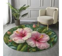 GDJSMIN Tapis Rond Hibiscus Rose Feuilles Vertes Ø 120 cm, Lavable en Machine pour Salon, Dos Antidérapant | Tapis Plantes Tropicales pour Chambre à Coucher et Chambre d'enfant, Rose
