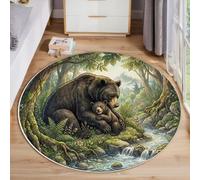 GDJSMIN Tapis Rond Ours Brun Son Ourson Ruisseau 160Cm, Lavable en Machine pour Salon, Dos Antidérapant | Tapis Animaux De La Forêt pour Chambre À Coucher Et Chambre d'enfant, Vert Sauge