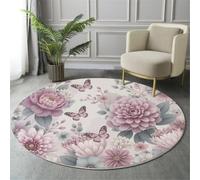 GDJSMIN Tapis Rond Salon Lavable Antidérapant, Poudre Blush, Ø 120 cm | Pivoine Rose Papillon Super Doux, Poils Ras, Lavable en Machine, pour Salon, Chambre, Salle à Manger, Chambre d’Enfant