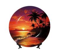 GDSHJKLW Assiette décorative en porcelaine anglaise de 25,4 cm avec support de présentation, motif coucher de soleil tropical, bord de mer, ornement en céramique fait à la main pour la maison, le