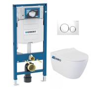 Geberit - Pack Bati-support Geberit UP320 + WC sans bride Livea Bello + Abattant softclose + Plaque blanc chrome (GebBello-C)