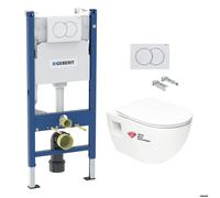 Geberit - Pack WC Bâti-support Geberit + WC sans bride Swiss Aqua Technologies + Abattant SoftClose + Plaque Blanche (ProjectGeb3)