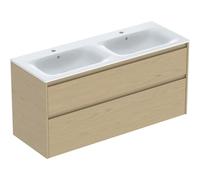Geberit Renova Plan Ensemble lavabo double meuble bord étroit, avec meuble sous lavabo, 2 tiroirs, 130x62,1x48cm, 504042PS1, Couleur: lavabo : blanc, façade/carcasse: chêne nature/mélamine - CM