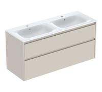 Geberit Renova Plan Ensemble lavabo double meuble bord étroit, avec meuble sous lavabo, 2 tiroirs, 130x62,1x48cm, 504042DB8, Couleur: Lavabo: blanc/KeraTect, façade/carcasse: gris sable/laqué satiné -