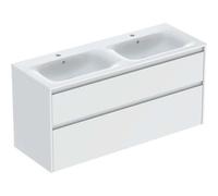 Geberit Renova Plan Ensemble lavabo double meuble bord étroit, avec meuble sous lavabo, 2 tiroirs, 130x62,1x48cm, 504042001, Couleur: Lavabo: blanc, façade/carcasse: blanc/laqué satiné - CM