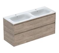 Geberit Renova Plan Ensemble lavabo double meuble bord étroit, avec meuble sous lavabo, 2 tiroirs, 130x62,1x48cm, 504.042.JR.8, Couleur: lavabo : blanc/KeraTect, façade/carcasse : structure en noyer,