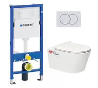 Geberit + Swiss Aqua Technologies - Pack WC sans bride Brevis, fixations invisibles + Abattant softclose slim + Bâti support Geberit UP100 + Plaque bl
