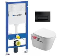 Geberit + Swiss Aqua Technologies - Pack WC sans bride Infinitio, fixations invisibles + Abattant softclose slim + Bâti support Geberit UP100 + Plaque
