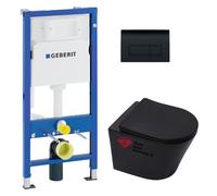 Geberit + Swiss Aqua Technologies - Pack WC sans bride Infinitio Noir mat + Abattant softclose + Bâti support Geberit UP100 + Plaque Noir brillante
