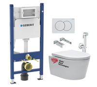 Geberit + Swiss Aqua Technologies - Pack WC sans bride SAT, fixations invisibles + Abattant softclose + Bâti support Geberit UP100 + Plaque + Douchett