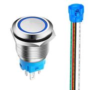 Gebildet 19mm Bouton Poussoir Momentané en Acier Inoxydable, Anneau de Lumière LED, 12V-24V 5A 1NO1NC SPDT ON Off Bouton Étanche avec Fiche à Douille (LED Bleue)