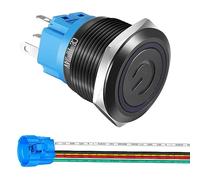 Gebildet 22mm 12V-24V/5A Interrupteur à Bouton-Poussoir à Verrouillage en Acier Inoxydable Symbole d'alimentation 1NO1NC SPDT Interrupteur à Bascule Etanche avec Prise de Fil (LED Bleue/Coque Noire)