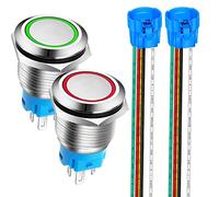 Gebildet 2pcs 19mm Bouton Poussoir Momentané en Acier Inoxydable, Anneau de lumière LED, 12V-24V 5A 1NO1NC SPDT ON Off Bouton Étanche avec Fiche à Douille (Vert + Rouge)
