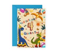 Geburtstagskarte zum 4. Geburtstag für Jungen - Dinosaurier-Geburtstagskarte für Kinder - 4 Jahre alt - Alles Gute zum Geburtstag - Grußkarten für Sohn, Enkel, Bruder - wird mit Aufklebern geliefert