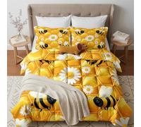 GEDAEUBA Couette 200x200 4 Saisons Abeille Marguerite, Duvet 2 Personnes Douce Légère et Chaude, Couette Imprimée Réversible Nid d Abeille, Edredon avec 2 Taies d'oreiller