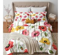 GEDAEUBA Couette 240x260 4 Saisons Coquelicot, Duvet 2 Personnes Douce Légère et Chaude, Couette Imprimée Réversible Fleurs, Edredon avec 2 Taies d'oreiller, Decoration Chambre