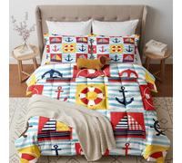 GEDAEUBA Couette 240x260 4 Saisons Nautique, Duvet 2 Personnes Douce Légère et Chaude, Couette Imprimée Réversible Ancre Voilier Maritime, Edredon avec 2 Taies d'oreiller