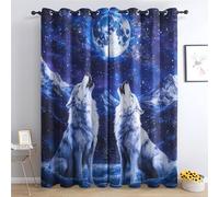 GEDAEUBA Rideau Occultant Thermiques Loup et Lune Bleu Marine - Lot de 2 Rideaux Imprimé pour Salon Chambre Fenetre Cuisine, Rideaux et Draperies Intérieurs à Oeillets, 140x260 cm (LxH)